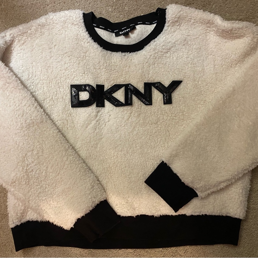 DKNY Cream Sherpa Crewneck with Black Trim and Logo
